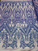 Big Damask Sequins Fabric - Iridescent Lilac - 4 Way Stretch Damask Sequins Design Fabric By Yard