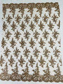 Lace Flower Cluster Fabric - Coffee - Embroidered Flower With Sequins on a Mesh Lace Fabric By Yard