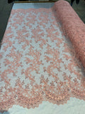 Lace Sequins Fabric - Corded Flower Embroidery Design Mesh Fabric - 25 Yard Roll