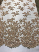 Champagne Beaded Bridal Lace, Sold By The Yard Embroidered Floral Wedding Beaded Fabric with Sequin