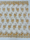 Flower Lace Fabric - Champagne - Embroidered Flower With Sequins on a Mesh Lace Fabric By Yard