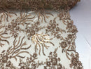 Beaded - Champagne - Fancy Flower Design Sequins Fabric with Beads Sold By The Yard