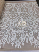 4 Way Stretch - White - Sequins Damask Design Fabric Embroidered On Mesh Sold By The Yard