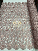 Guipure Floral Lace Fabric - Dusty Rose - Floral Pearls Guipure Fabric Sold By Yard