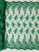 Beaded Floral Cluster - Emerald Green - Fancy Embroidered Glamorous Floral Design Sold by Yard