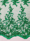 Beaded Floral Cluster - Emerald Green - Fancy Embroidered Glamorous Floral Design Sold by Yard