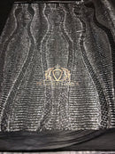 4 Way Stretch - Black and Silver - Horizontal Line Design Sequins On Stretch Mesh By The Yard