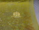 Iridescent Sequins - Yellow - 4 Way Stretch Damask Design Fabric On Stretch Mesh By The Yard