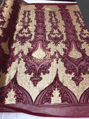 4 Way Stretch - Burgundy and Gold - Two Tone Flower Design Sequins On Stretch Mesh By The Yard