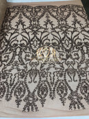 4 Way Stretch - Dusty Rose - Sequins Damask Design Fabric Embroidered On Mesh Sold By The Yard