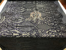 Sequins - Navy - 4 Way Stretch Fancy Fabric Embroidered On Mesh Sold By The Yard
