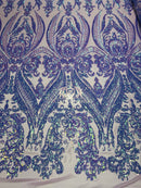 Big Damask Sequins Fabric - Iridescent Lilac - 4 Way Stretch Damask Sequins Design Fabric By Yard
