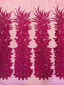 3D Beaded Peacock Feathers - Fuchsia - Vegas Design Embroidered Sequins and Beads On a Mesh Lace Fabric (Choose The Panels)
