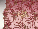 Beaded - Fuschia - Fancy Flower Design Sequins Fabric with Beads Sold By The Yard