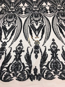 Black - Sequins 4 Way Stretch Fabric Embroidered On Mesh Sold By The Yard