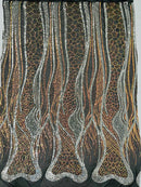 Two Tone Line Sequins Fabric - Gold / Silver - 4 Way Stretch Sequins Fabric on Mesh By Yard