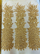 3D Beaded Peacock Feathers - Vegas Design Embroidered Sequins and Beads On a Mesh Lace Fabric - 15 Yard Roll