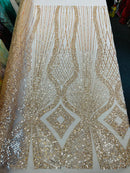 Beaded Diamond Design Fabric - Gold - Beaded Embroidered Diamond Zig Zag Design on Mesh By Yard