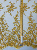 Beaded Floral Cluster - Gold - Fancy Embroidered Glamorous Floral Design Sold by Yard