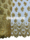 Round Flower Beaded Fabric - Gold - Embroidered Fashion Design Beads and Sequins On Mesh by The Yard