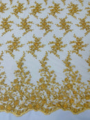 Beaded Floral Cluster - Gold - Fancy Embroidered Glamorous Floral Design Sold by Yard