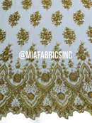 Round Flower Beaded Fabric - Gold - Embroidered Fashion Design Beads and Sequins On Mesh by The Yard