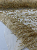 Sea Plant Design Fabric - Gold - Beaded Embroidered Sea Plant Design Fabric by Yard