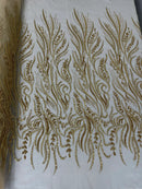 Sea Plant Design Fabric - Gold - Beaded Embroidered Sea Plant Design Fabric by Yard