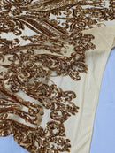 Big Damask Sequins Fabric - Gold - 4 Way Stretch Damask Sequins Design Fabric By Yard