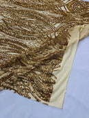 Long Wavy Pattern Sequins - Gold - 4 Way Stretch Sequins Fabric Line Design By Yard