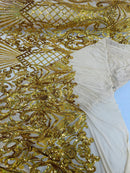 Damask Geometric Sequins - Gold Holographic - 4 Way Stretch Sequins Damask Pattern Design Sold By Yard