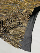 Long Wavy Pattern Sequins - Gold on Black - 4 Way Stretch Sequins Fabric Line Design By Yard
