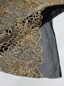 Elegant Floral Leaf Design - Gold on Black - 4 Way Stretch Sequins Lace Spandex Fabric By Yard