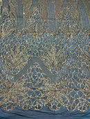 Elegant Floral Leaf Design - Gold on Black - 4 Way Stretch Sequins Lace Spandex Fabric By Yard