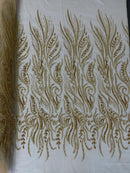 Sea Plant Design Fabric - Gold - Beaded Embroidered Sea Plant Design Fabric by Yard