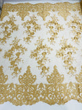 Damask Lace - Floral Damask Design Embroidered on Mesh Lace Fabric - 25 Yard Roll