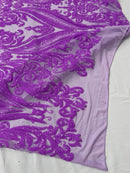 Big Damask Sequins Fabric - Grape - 4 Way Stretch Damask Sequins Design Fabric By Yard