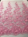 3D Pearl Floral Fabric - Floral Design Embroidered on Mesh Lace Fabric - 25 Yard Roll