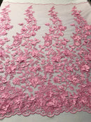 3D Pearl Floral Fabric - Floral Design Embroidered on Mesh Lace Fabric - 25 Yard Roll