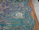 Iridescent Sequins - Lilac / Aqua - 4 Way Stretch Damask Design Fabric On Stretch Mesh By The Yard