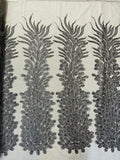 3D Beaded Peacock Feathers - Vegas Design Embroidered Sequins and Beads On a Mesh Lace Fabric - 15 Yard Roll