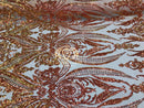Big Damask Sequins Fabric - Orange - 4 Way Stretch Damask Sequins Design Fabric By Yard