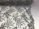 Beaded - Silver - Fancy Flower Design Sequins Fabric with Beads Sold By The Yard
