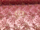 Beaded - Fuschia - Fancy Flower Design Sequins Fabric with Beads Sold By The Yard