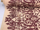 Two Tone Sequins - Burgundy / Nude - 4 Way Stretch Fancy Design Mesh Fabric Sold By The Yard