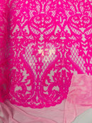 Heart Damask Sequins - Hot Pink - 4 Way Stretch Elegant Shiny Net Sequins Fabric By Yard