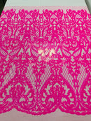 Heart Damask Sequins - Hot Pink - 4 Way Stretch Elegant Shiny Net Sequins Fabric By Yard