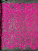 4 Way Stretch Fabric - Hot Pink on Black - Embroidered Pattern Design Sequins Fabric on Mesh By Yard