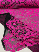 4 Way Stretch Fabric - Hot Pink on Black - Embroidered Pattern Design Sequins Fabric on Mesh By Yard