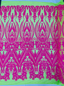 Big Damask Sequins Fabric - Hot Pink on Lime Green - 4 Way Stretch Damask Sequins Design Fabric By Yard